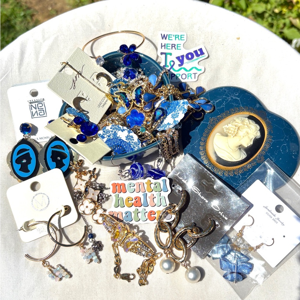 Assorted Jewelry Collection with Blue and Gold Accents